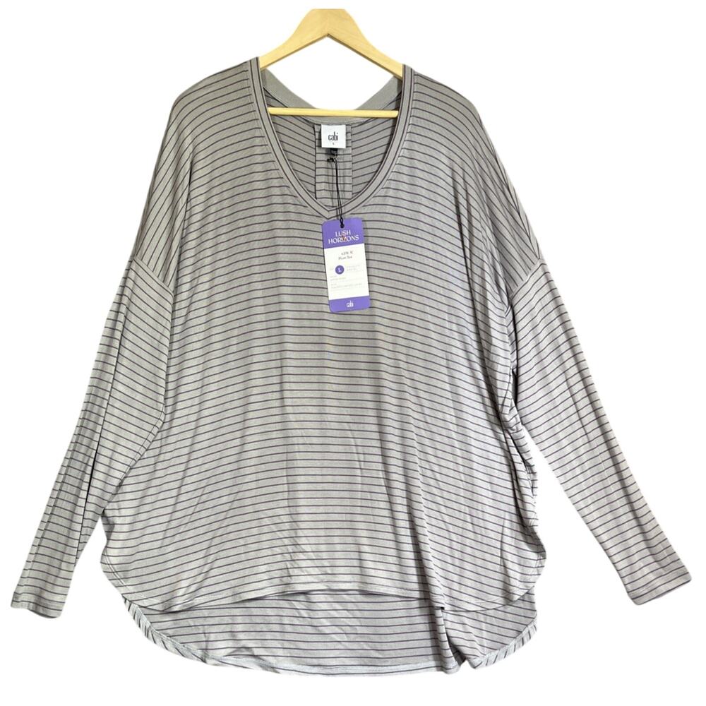 Cabi Shirt Womens Large Gray Plum Tee 4376 Pewter Stripe V Neck Long Sleeve NEW